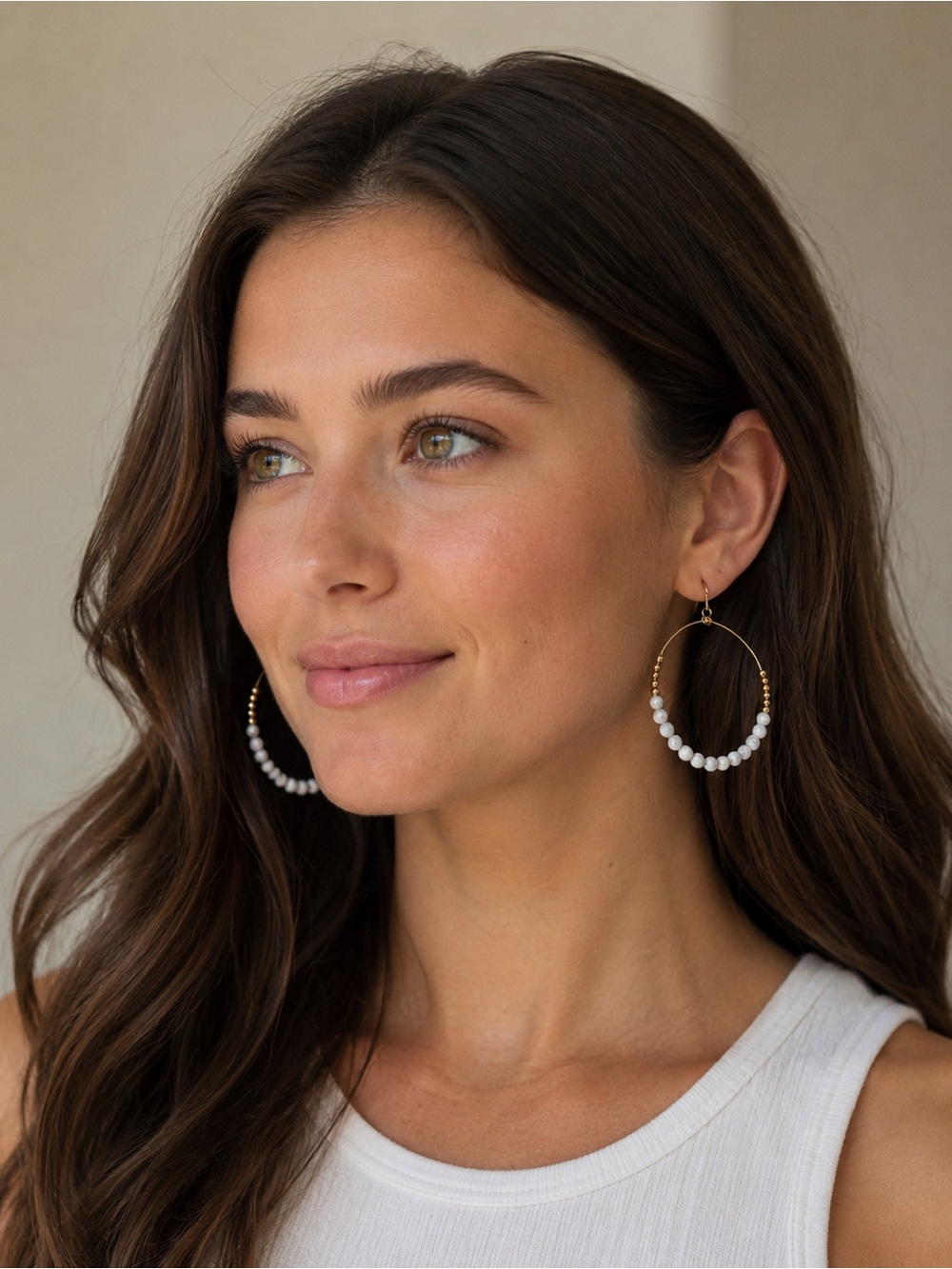 Gold Hoop Earrings with White Beads - Women Jewelry